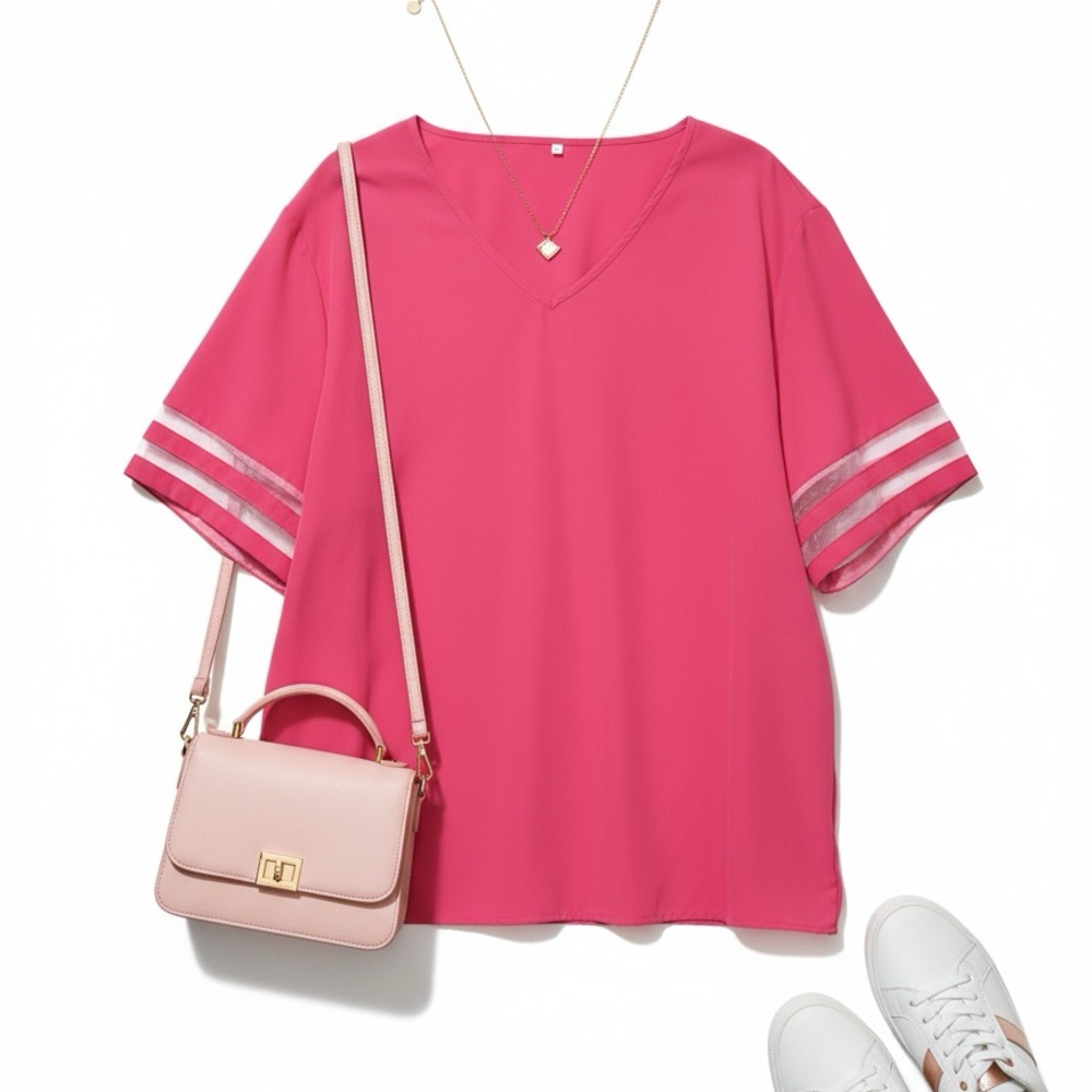 SHEIN Pink V-Neck Short Sleeve Tee